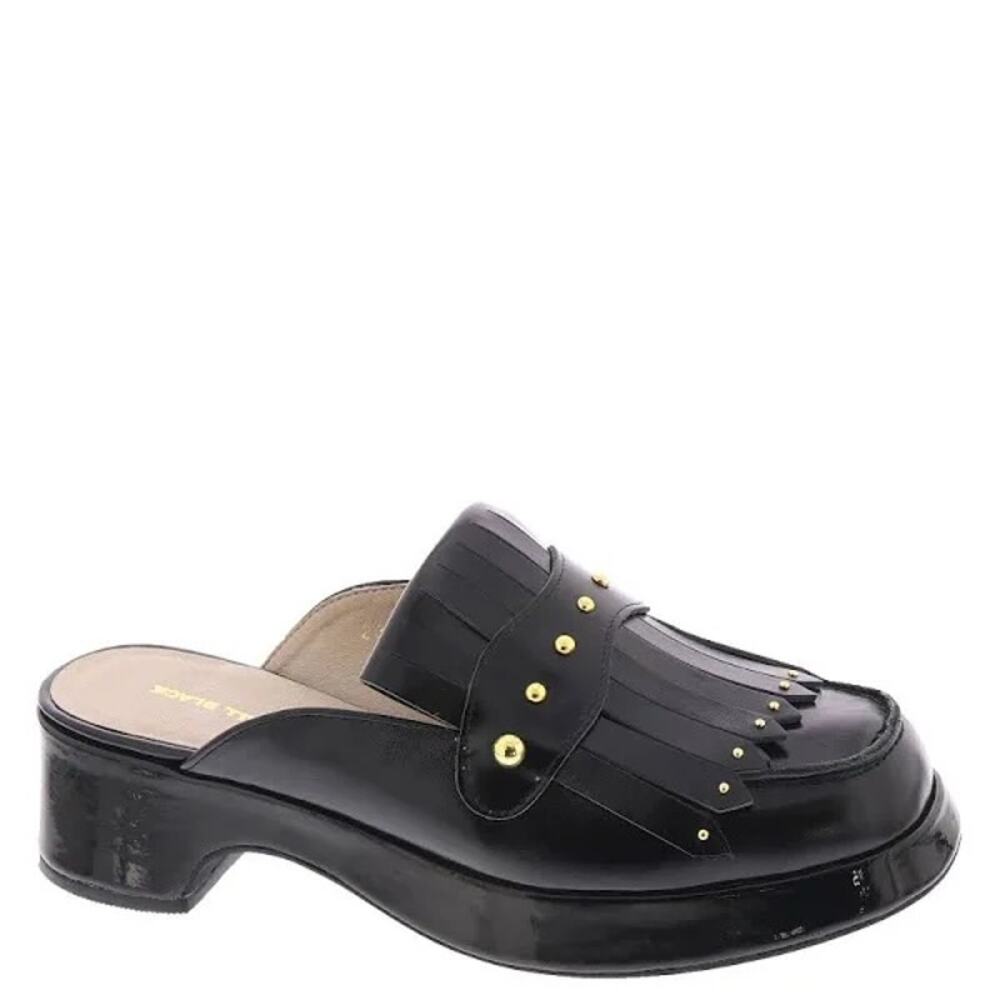 ALL BLACK Kiltie Stud Mules in black leather